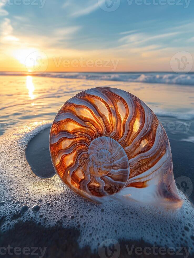 Nautilus shell resting on sandy shore at sunset photo