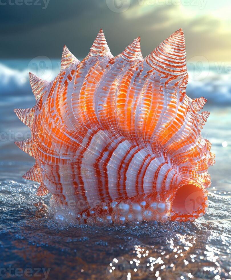 Bright orange shell on the beach with gentle waves and sunlight photo