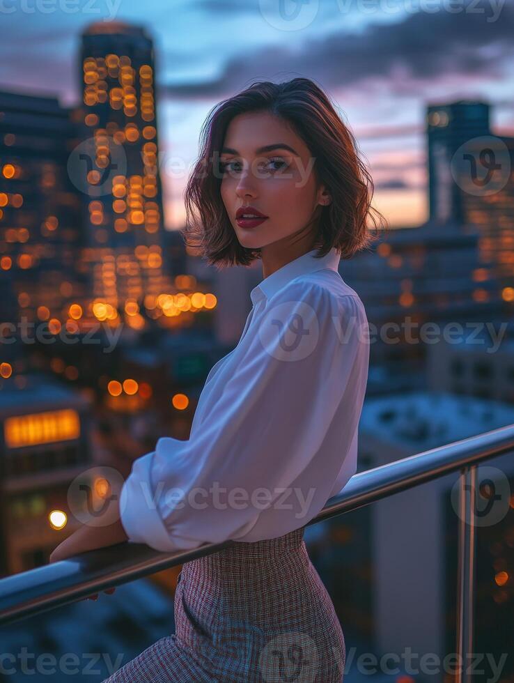 Woman gazes at city skyline during sunset with warm lights photo
