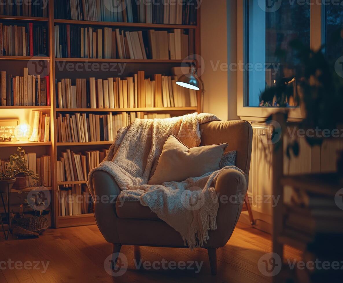 Cozy reading nook with warm lighting in a quiet room photo