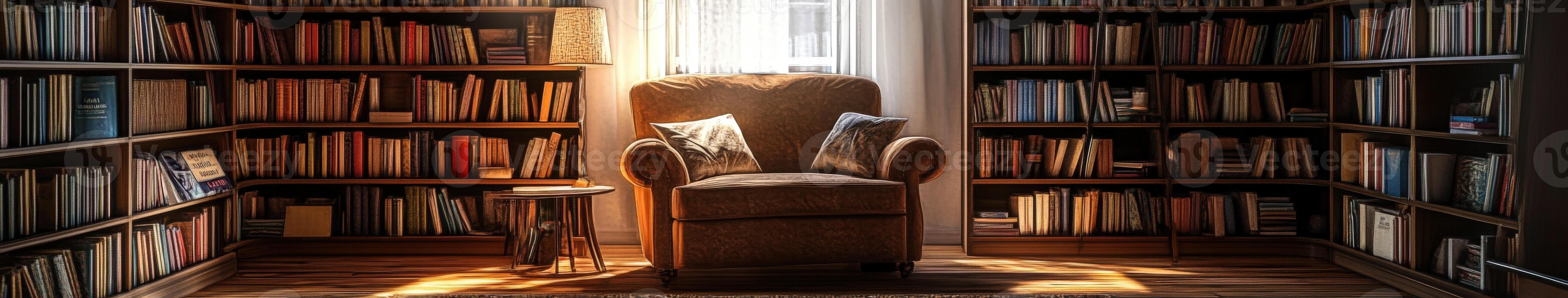 A chair in front of a bookshelf with a window photo