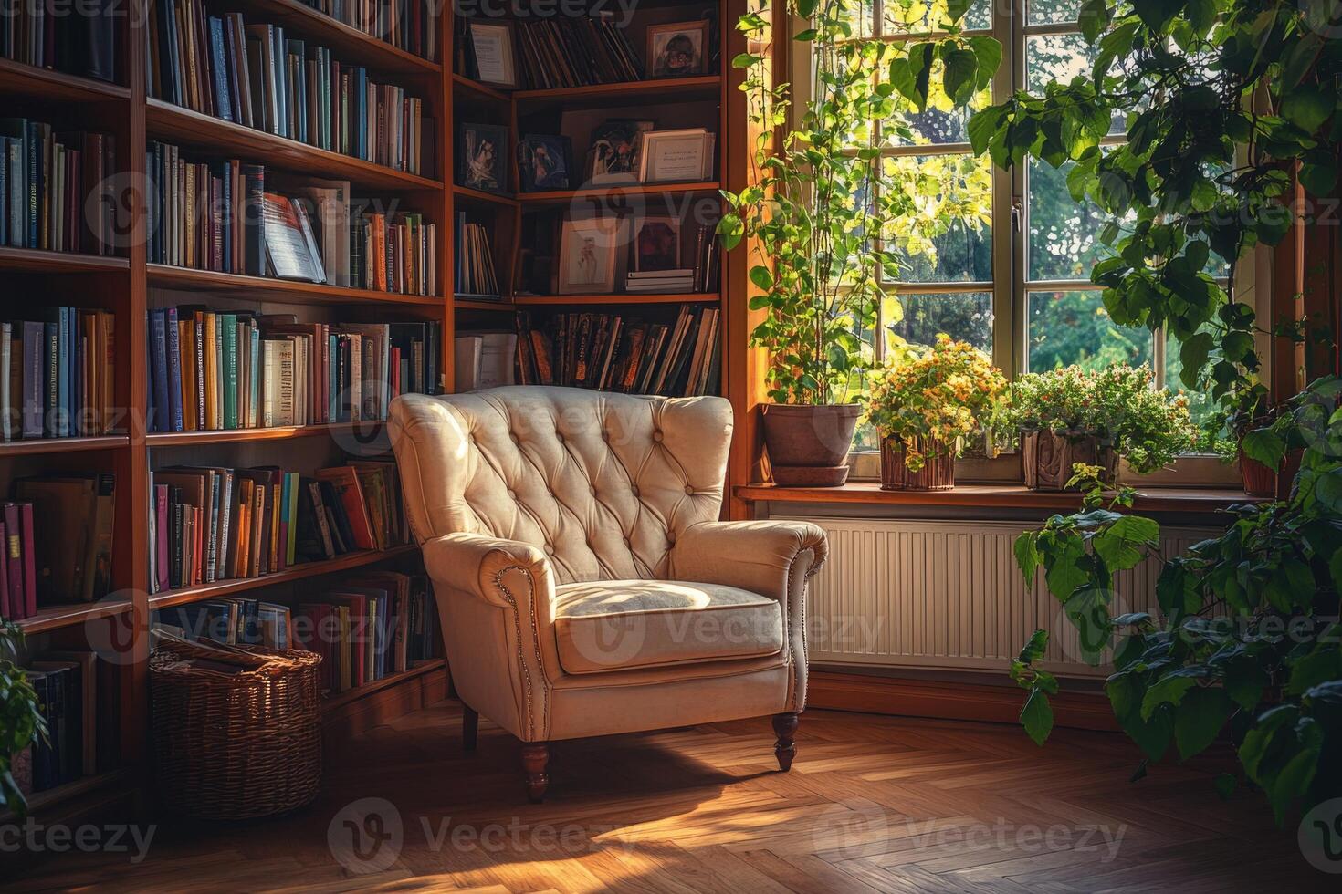 Cozy reading nook with a comfortable chair and bookshelves photo