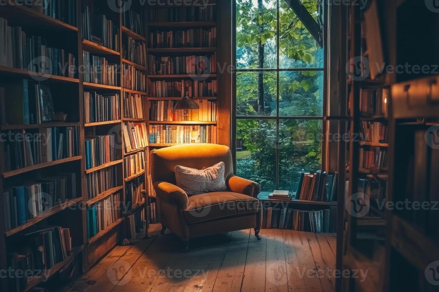 Cozy reading nook with bookshelf and sunlight in a tranquil setting photo