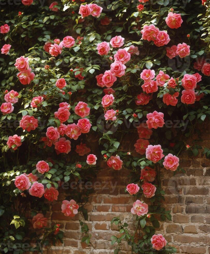 Vibrant pink roses cascading over a rustic brick wall in a garden photo