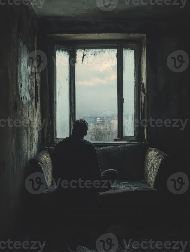 Person reflecting on emotions while sitting by a grimy window photo