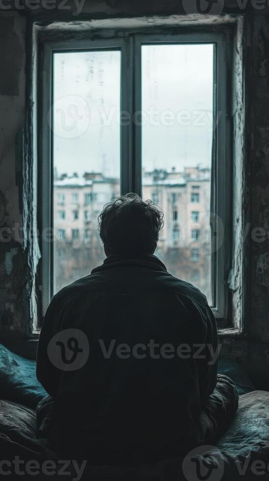 Feeling isolated while gazing out a window on a gray day photo