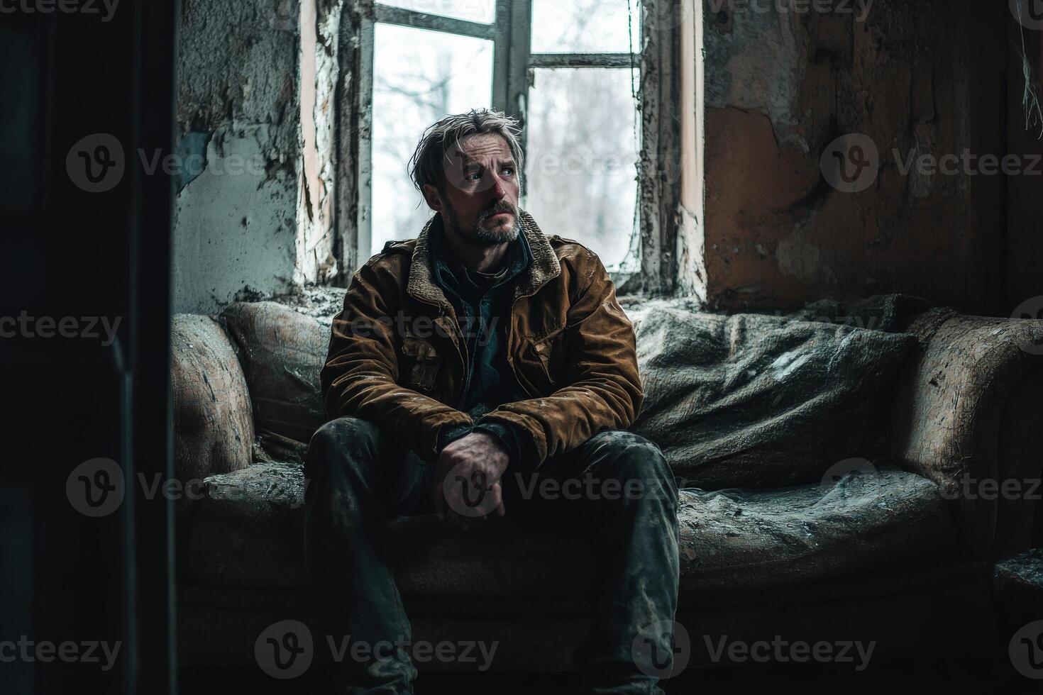 Struggling with shadows in a desolate, abandoned room photo