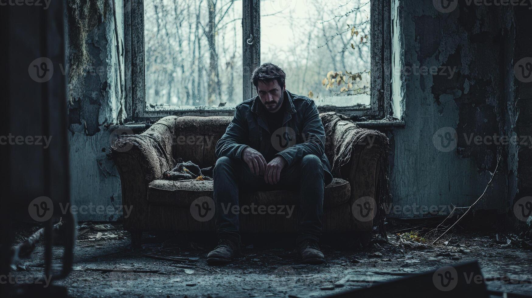 Person sitting on an old couch in a dilapidated room during twilight photo