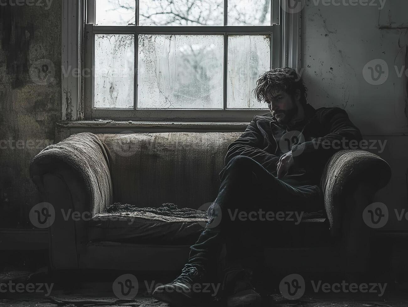 Person sitting alone on a worn sofa in a dimly lit room photo