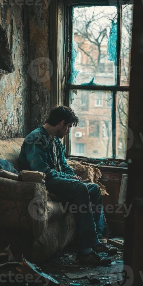 Man sitting alone in a messy room showing signs of despair photo