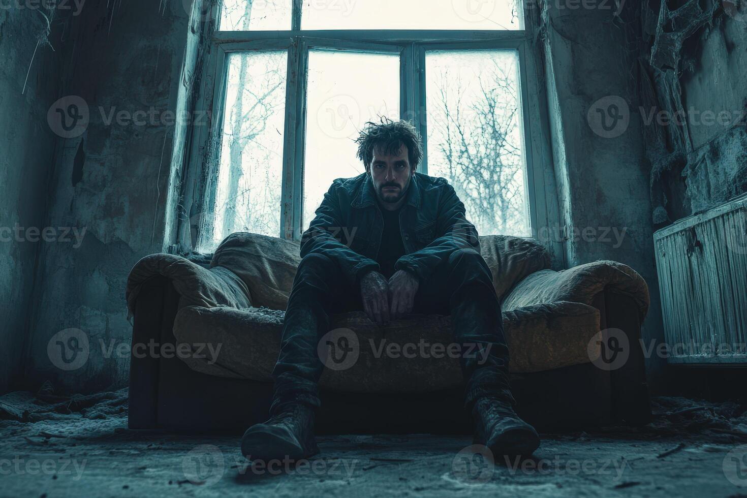 Person sitting on a worn couch in a dilapidated room during winter photo