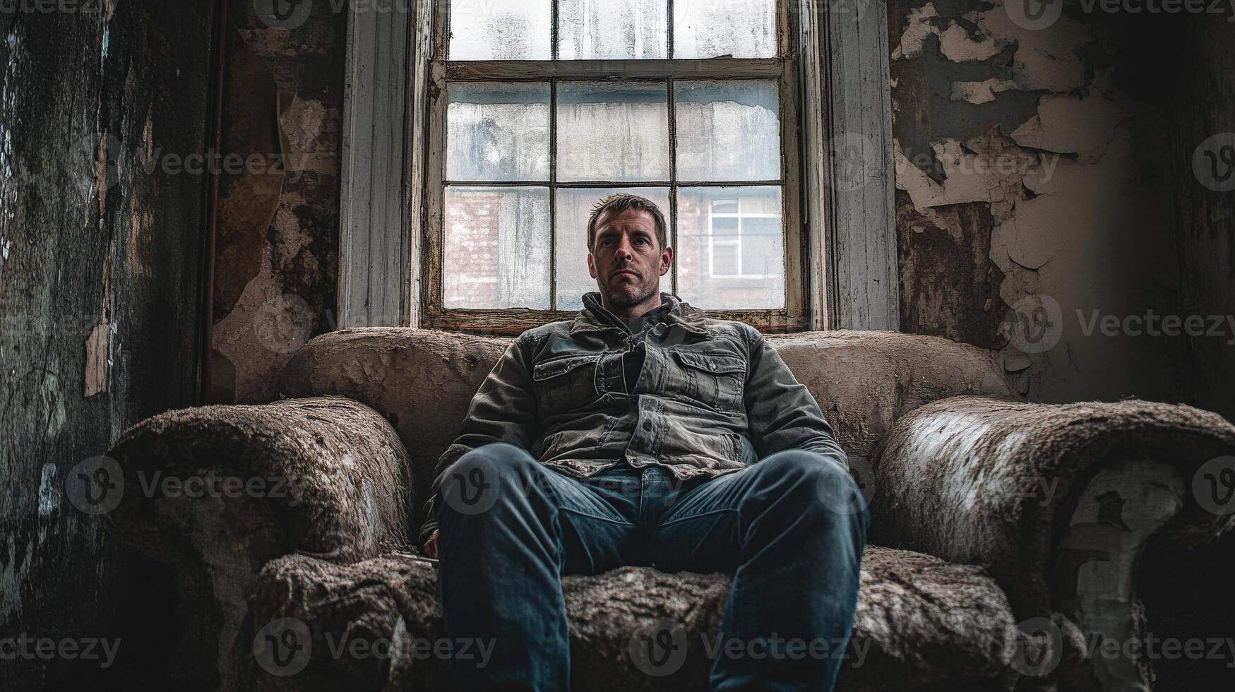 Man sitting alone on a worn sofa in a dim room with peeling walls photo