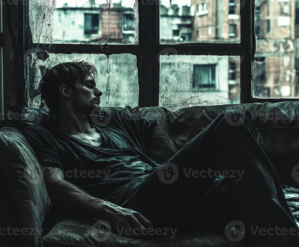 Man sitting alone on a sofa in an abandoned room reflecting on life photo