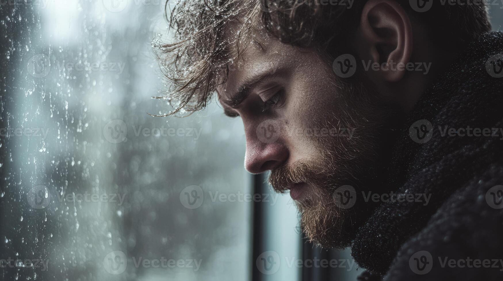 A man with a beard looks out the window photo