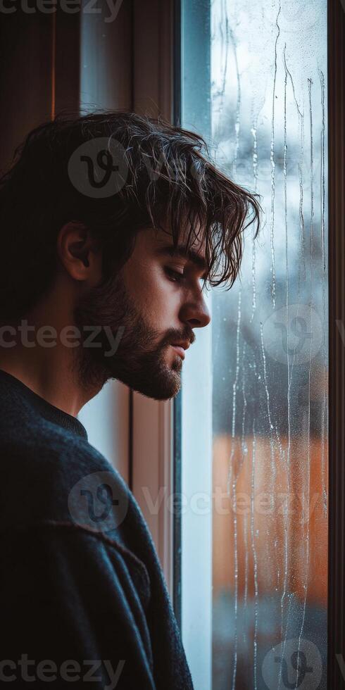 A man looking out a window with raindrops on it photo