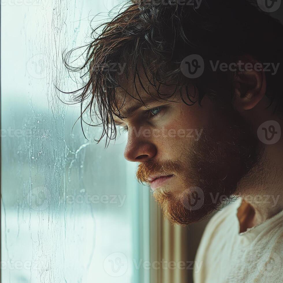 A man with a beard looks out the window photo