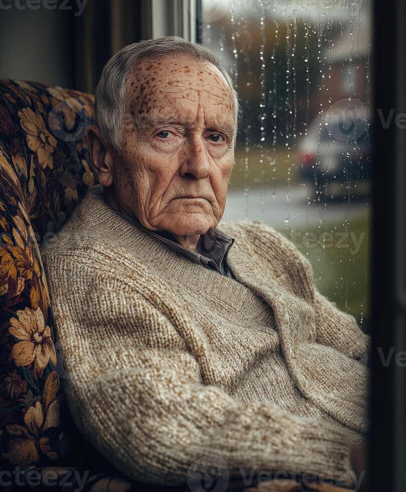 Lonely man gazes out of window on a rainy afternoon photo