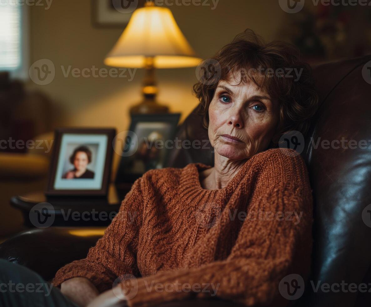 Mourning woman in intimate setting reflects on loss and memory photo