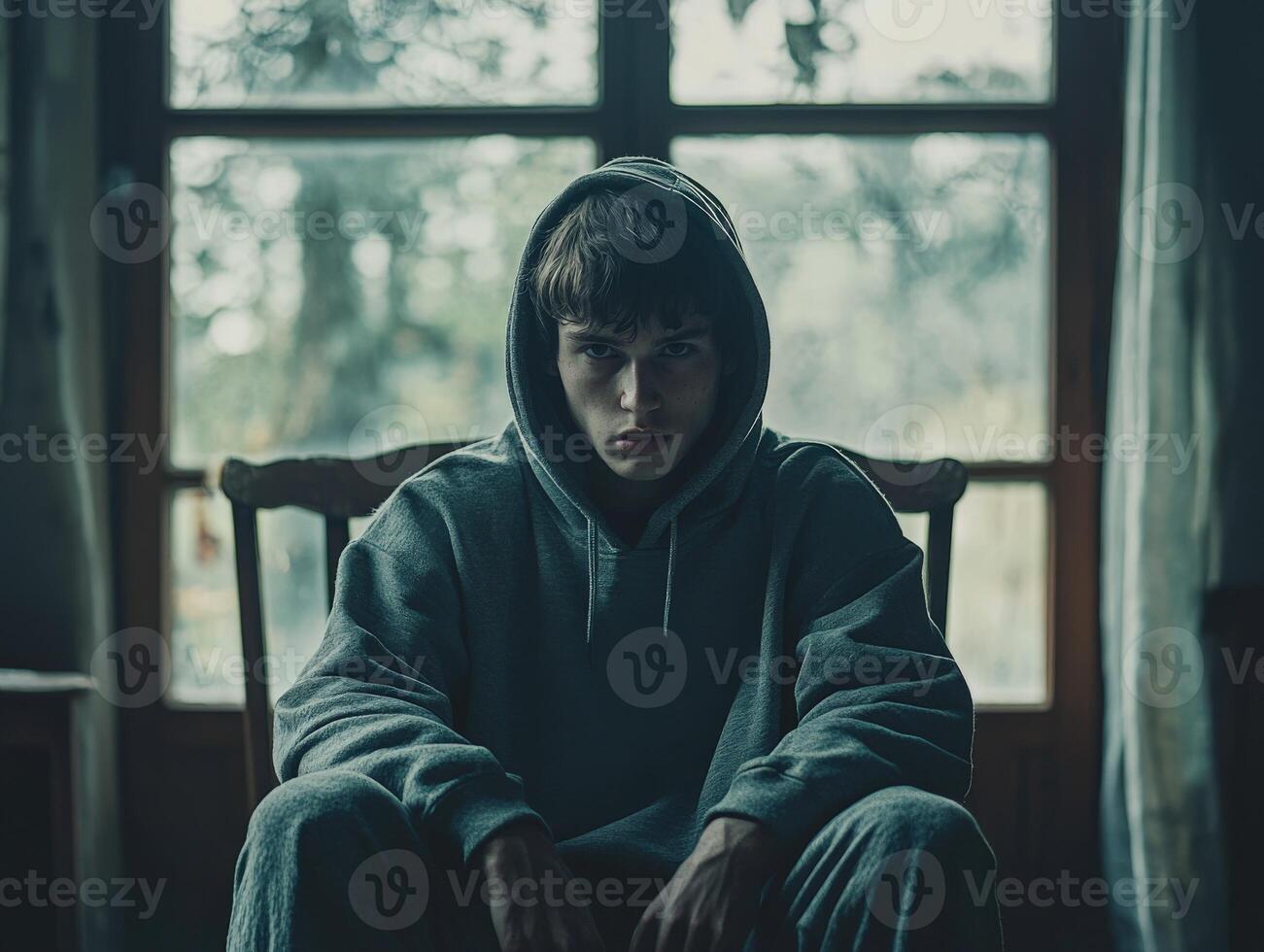 Teenage boy seated in a dimly lit room in emotional distress photo