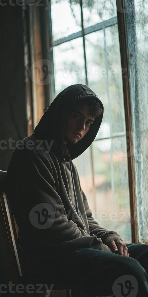 Teenager sitting by the window reflecting on emotions and struggles photo