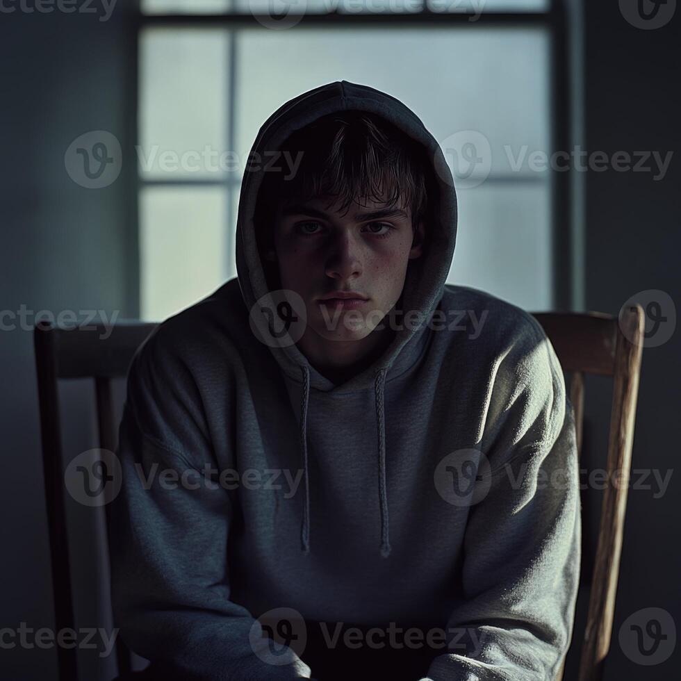 Teen sitting in dim room reflecting on mental health struggles photo