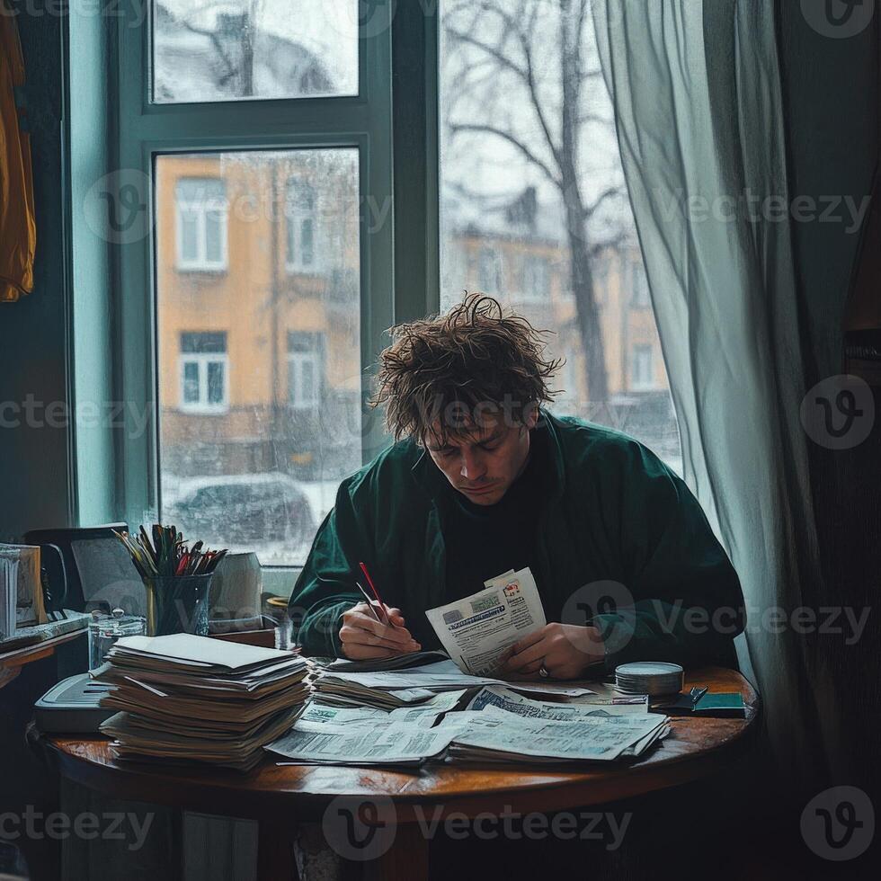 Man reflecting on life while sitting at a cluttered table indoors photo