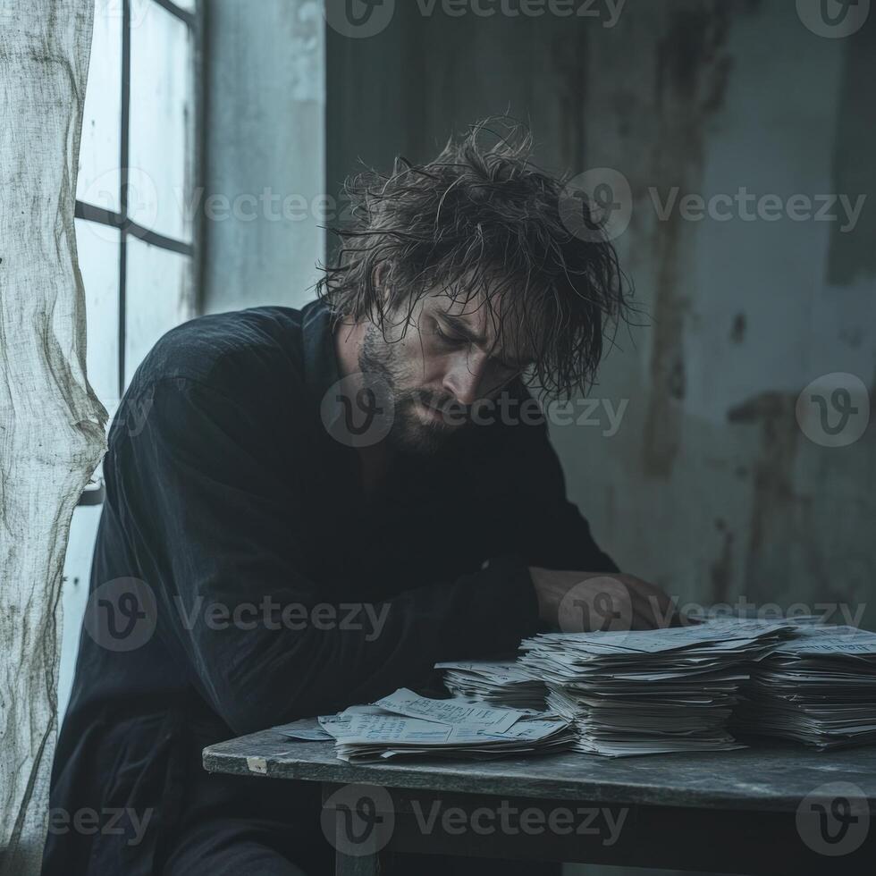 Man in despair surrounded by papers in a dim room photo