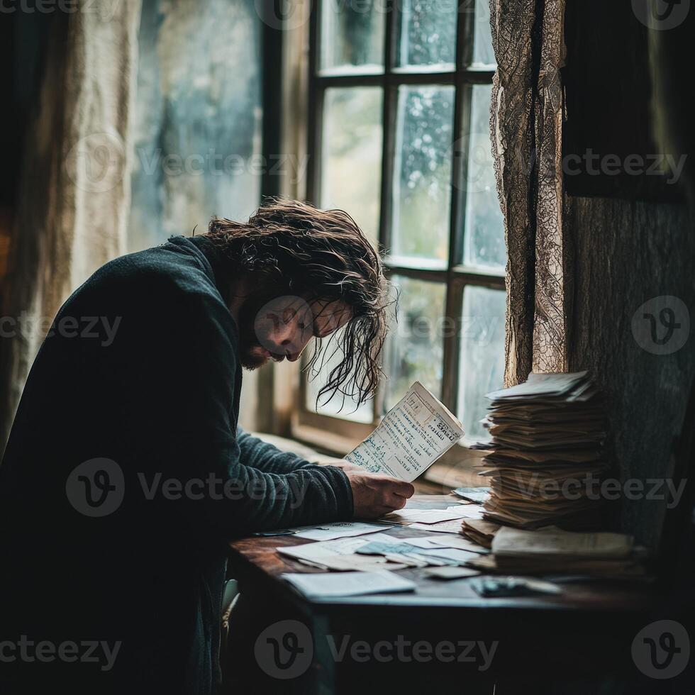 Man reflecting on life while reading letters in a dimly lit room photo