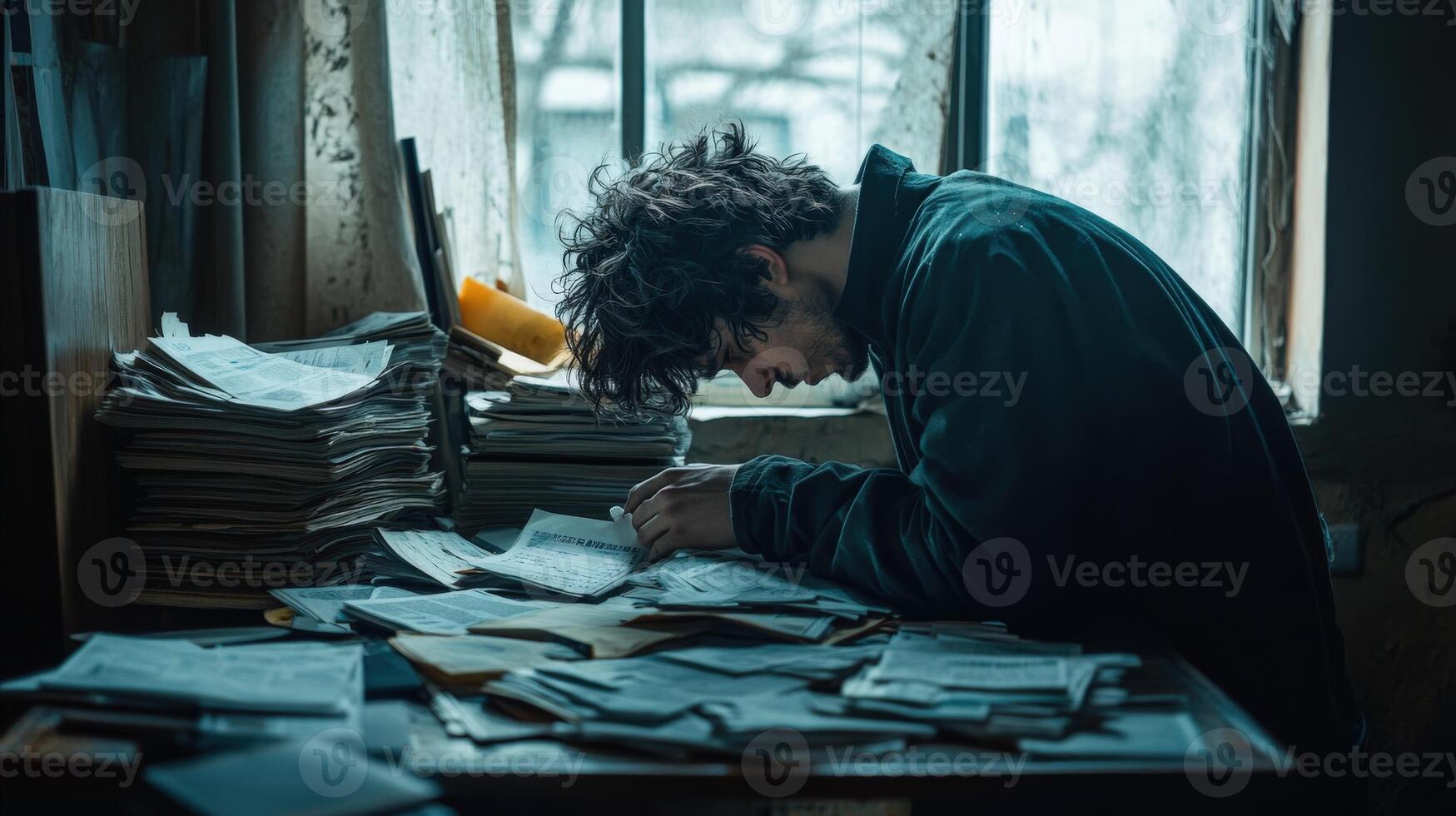 Man sits in despair surrounded by piles of papers in a dim room photo