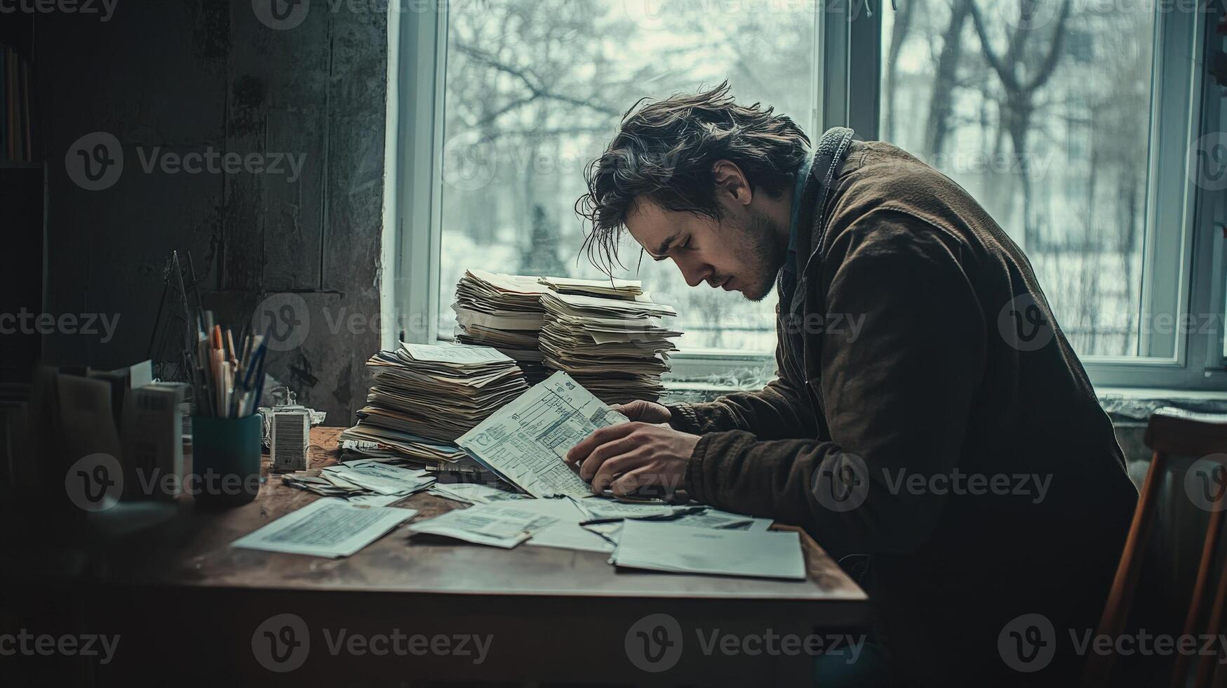 Man reflecting on old letters in a dimly lit room during winter photo