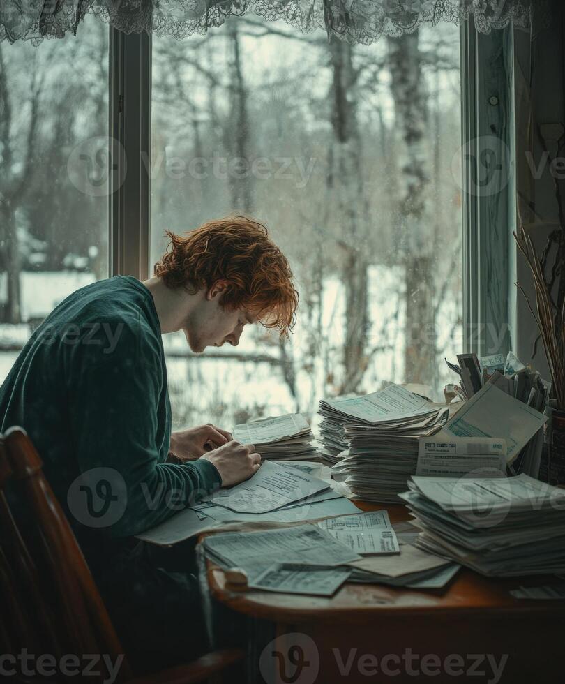 Man sitting by window reflecting on letters and emotions in winter photo