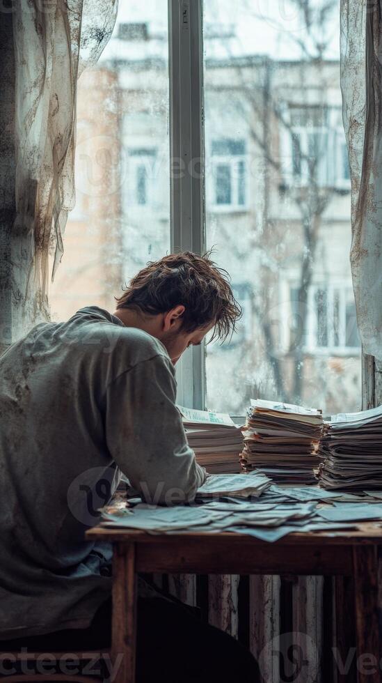 Man experiences sadness while sitting at cluttered table near window photo