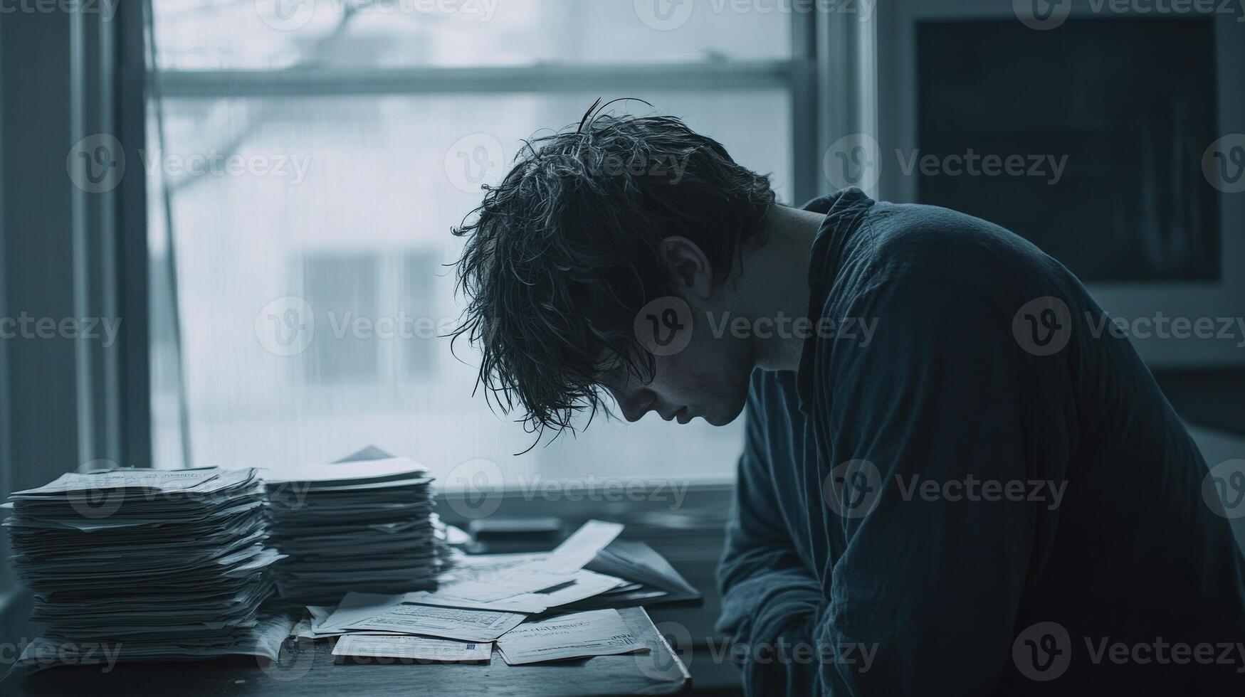 Emotional struggle of a man reflecting on his challenges indoors photo