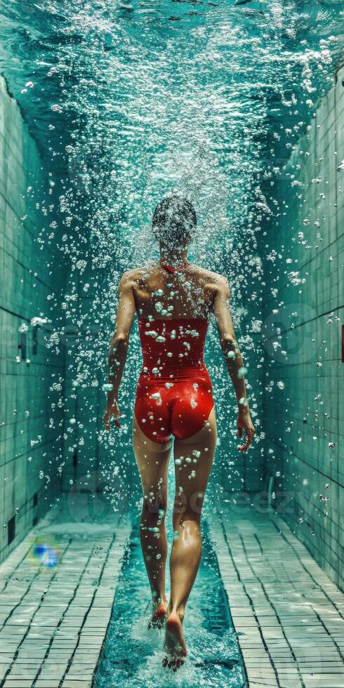 Swimmer glides through underwater corridor during training session photo