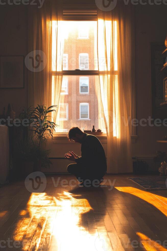 Person in silhouette kneeling on floor during sunset light photo
