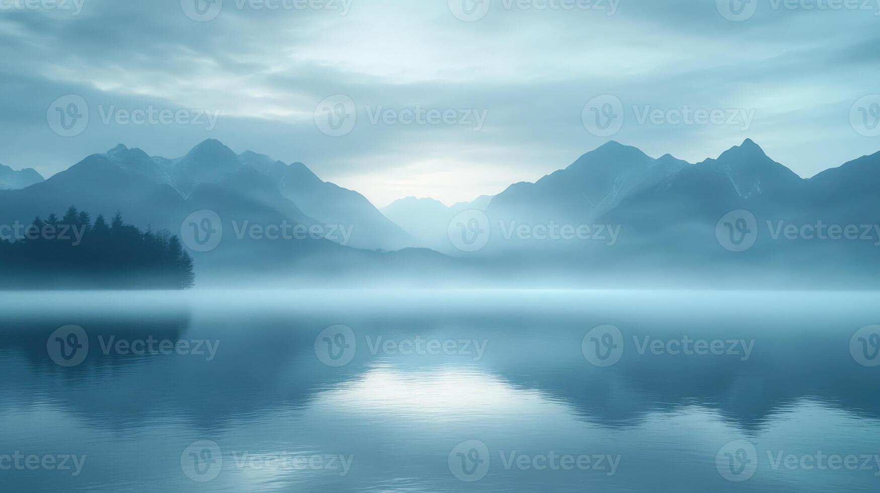 A lake with fog and mountains in the background photo