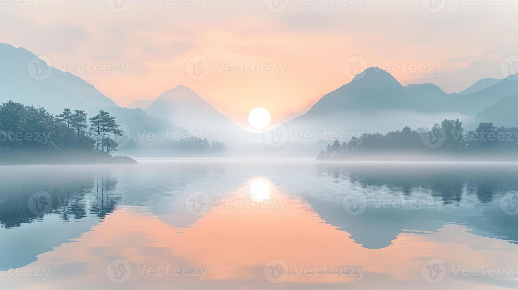 Fog envelops tranquil lake and mountains during sunrise photo