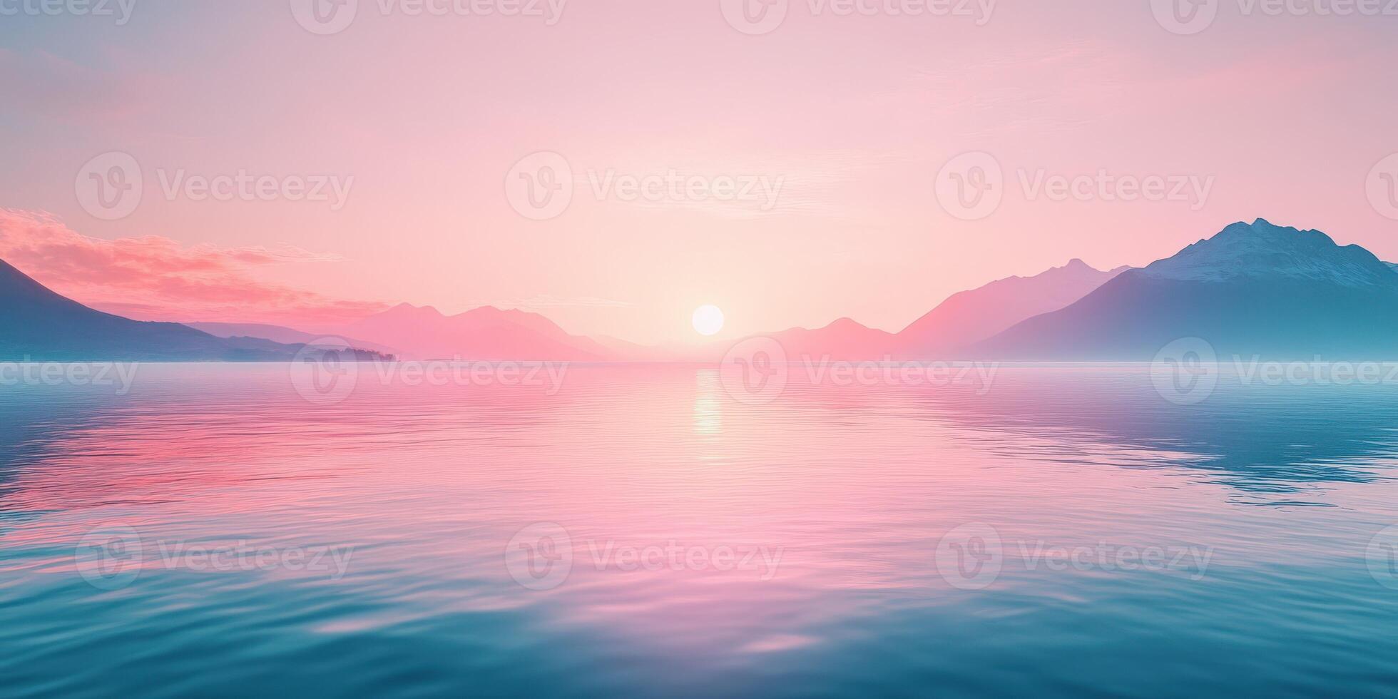Vibrant sunset over tranquil lake surrounded by misty mountains photo