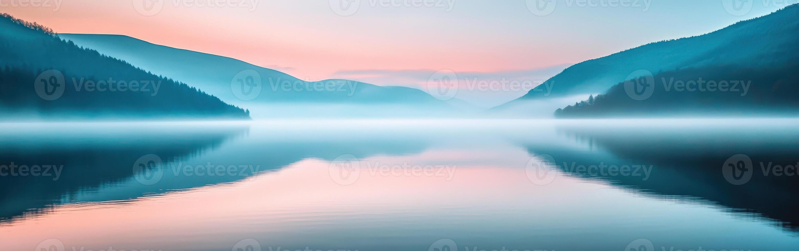 A lake surrounded by mountains and trees at sunrise photo