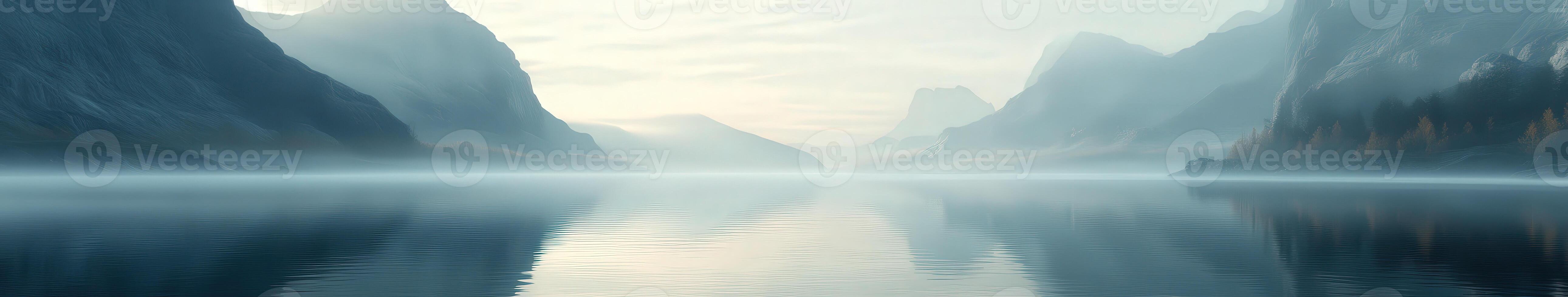 A river in the mountains with fog and trees photo