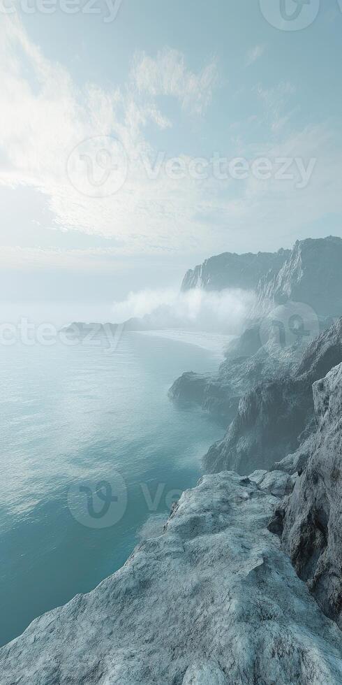 Misty coastline with fog enveloping rocky cliffs and serene water photo