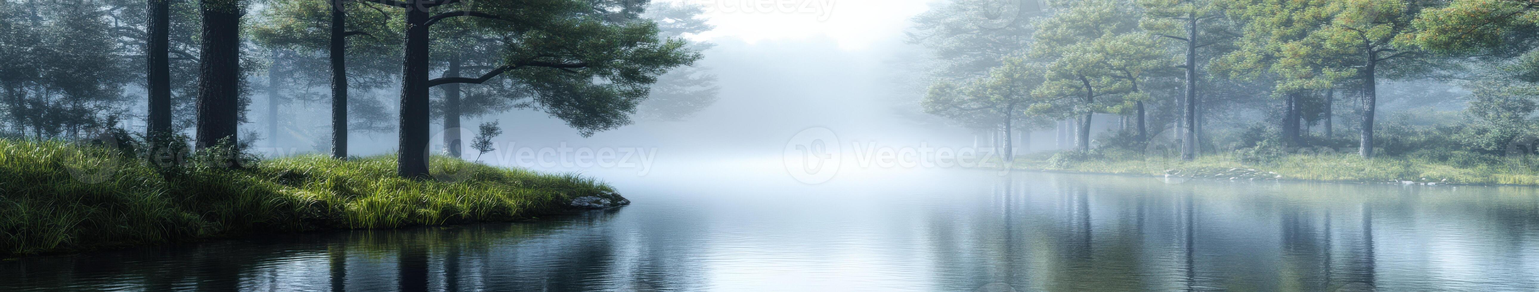 Fog envelops serene lakeside landscape at dawn photo