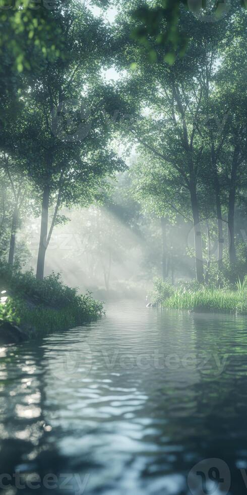 A river in the forest with trees and grass photo