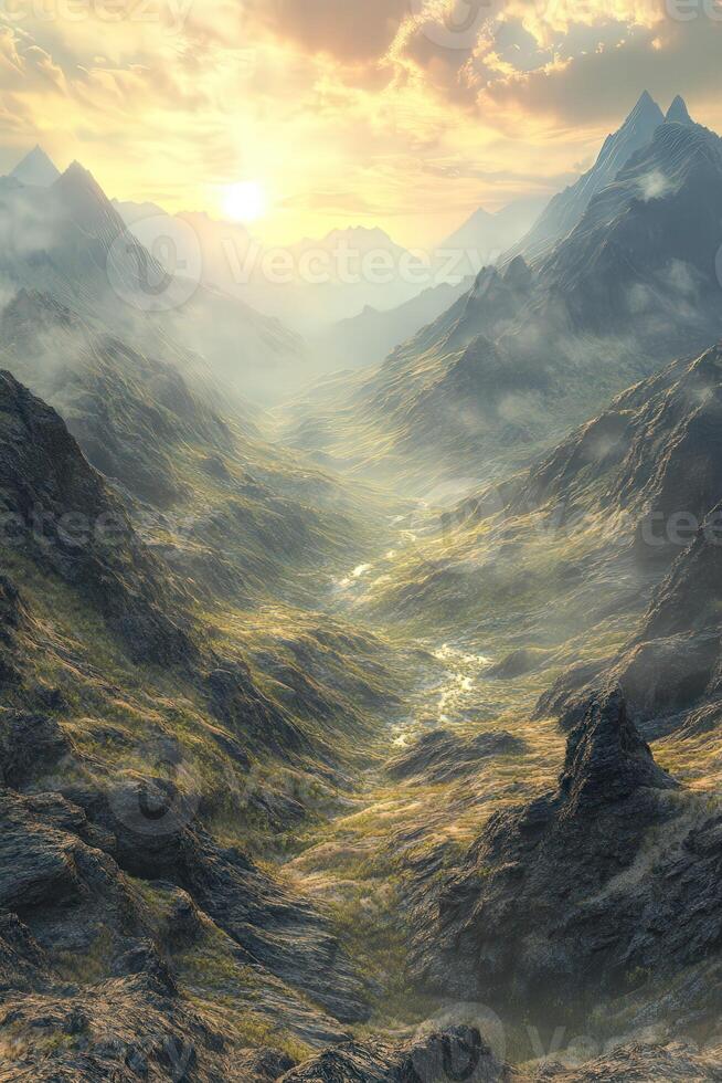 Fog envelops a serene valley at sunrise in the mountains photo