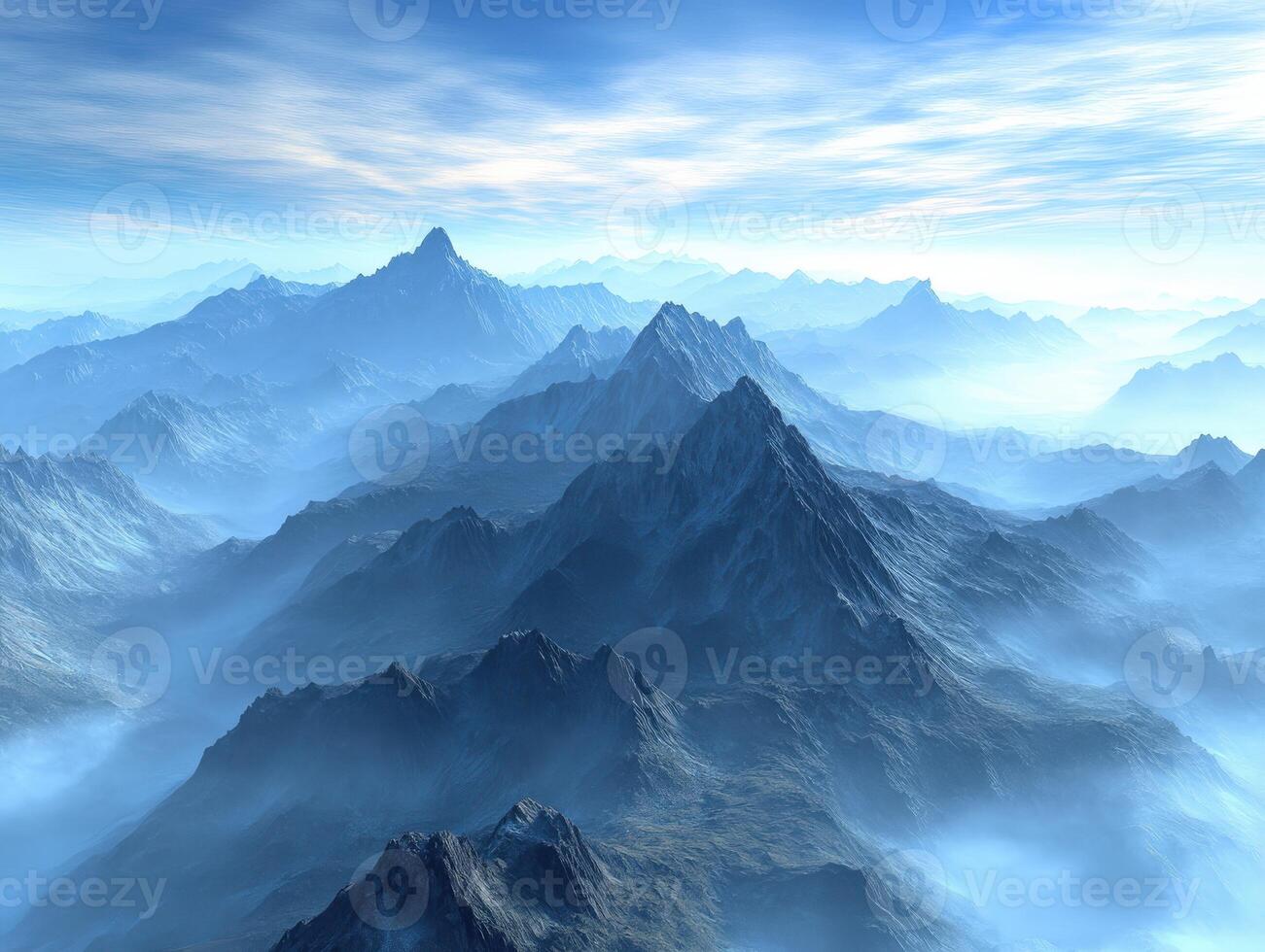 Fog wrapping around majestic mountains at dawn photo