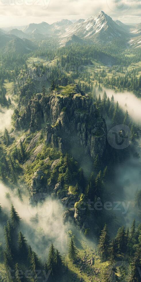 Fog envelops rocky outcrops in a lush mountainous region photo