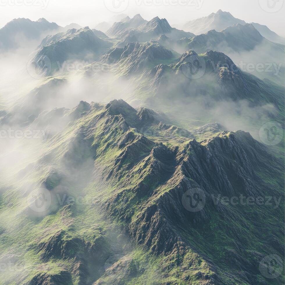 Mystical fog envelops lush mountainous terrain at dawn photo