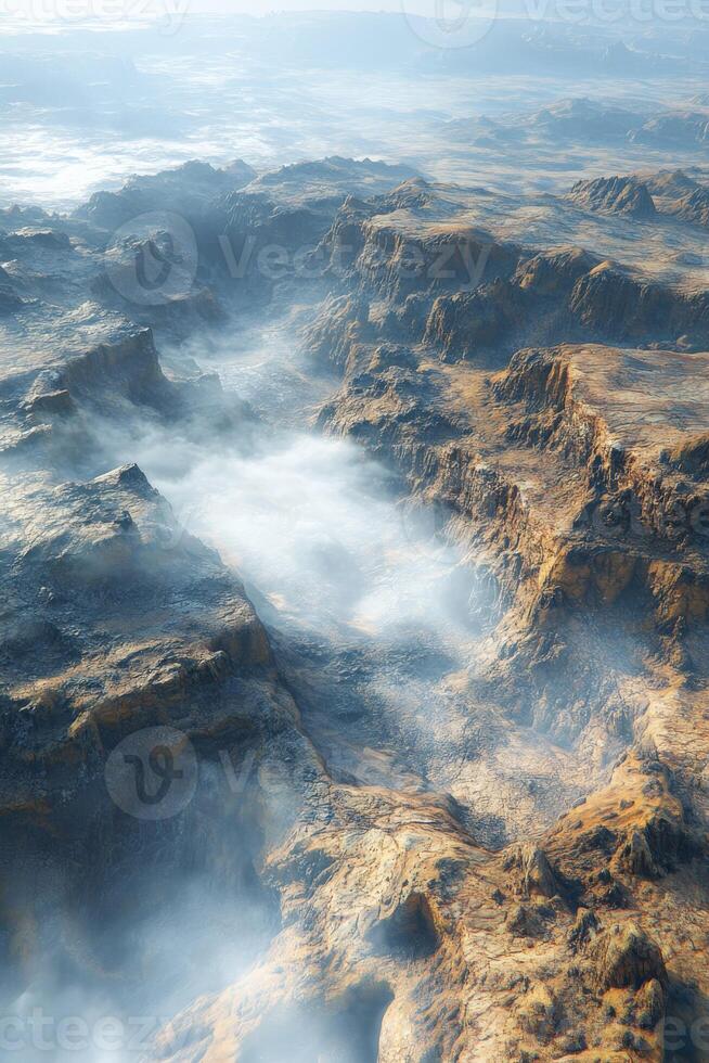 Misty landscape revealing rugged terrain under soft fog in nature photo