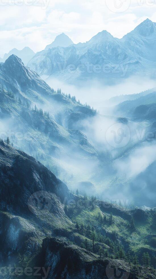 Fog blankets serene mountains at dawn in tranquil landscape photo