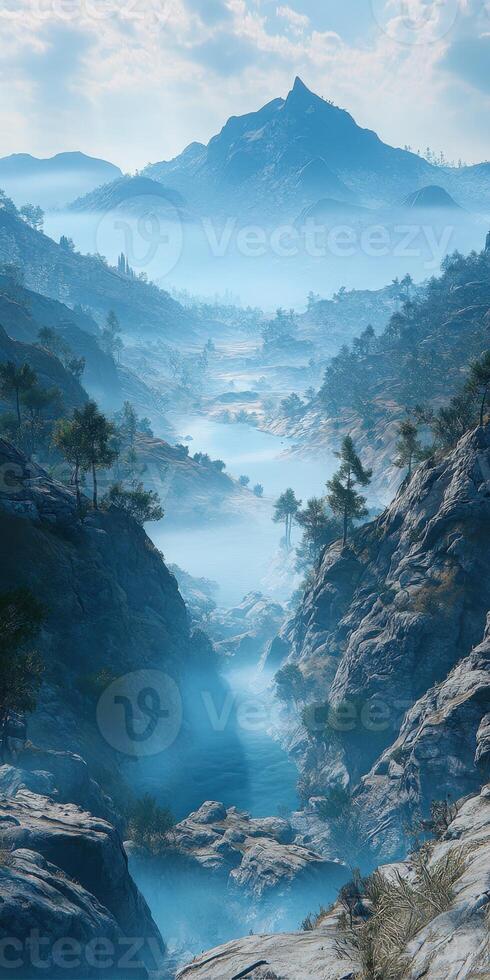Fog envelops a serene canyon landscape at dawn photo